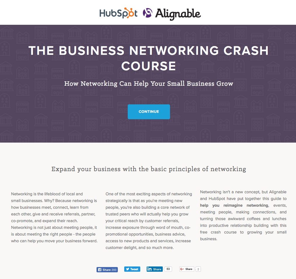 This picture shows marketers how HubSpot uses an email landing page to generate more leads from its small business crash course.
