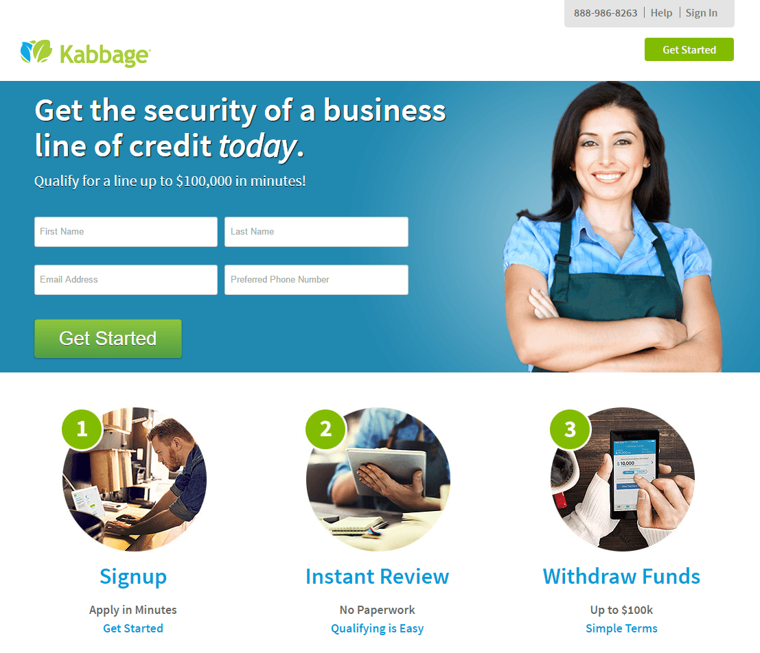 This picture shows marketers how Kabbage uses an email landing page to generate more signups.