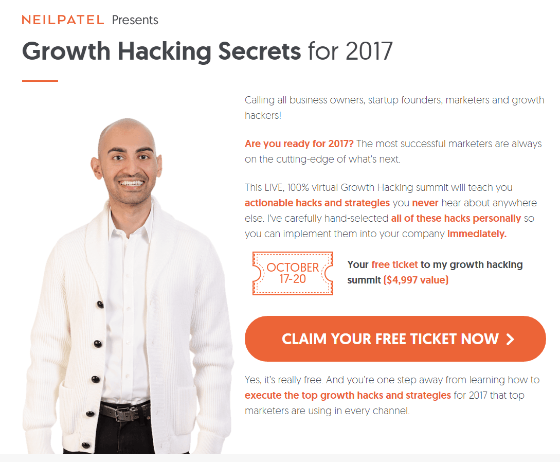This picture shows marketers how Neil Patel uses an email landing page to generate more tickets for his growth hacking summit.
