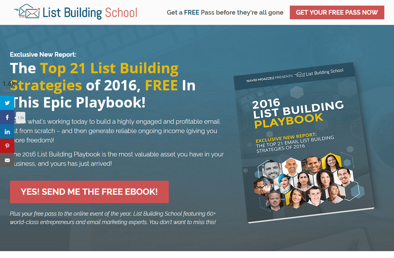 This picture shows marketers how the List Building School uses an email landing page to generate more ebook downloads.